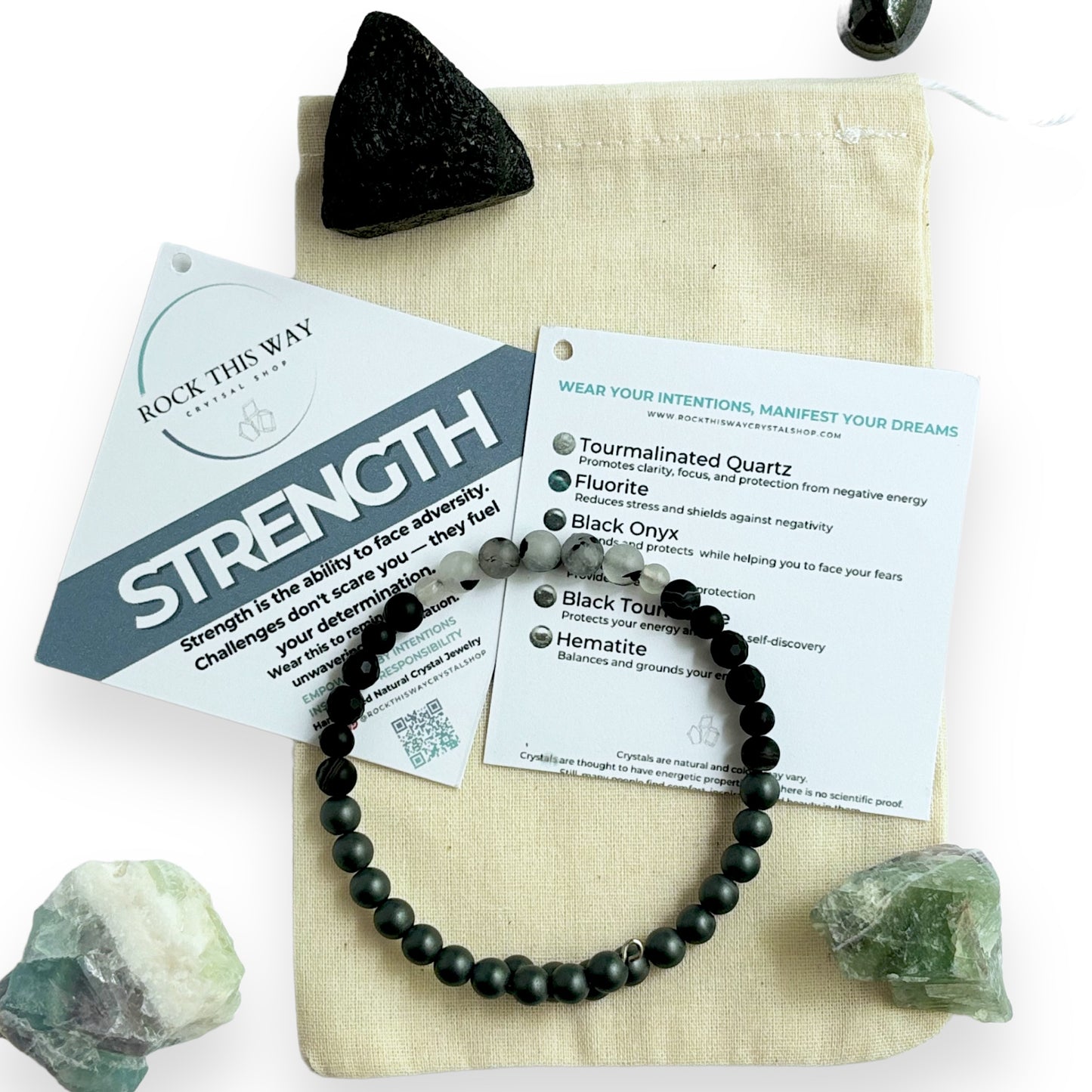 Men’s Strength Bracelet with meaning card, gift pouch, and natural crystals
