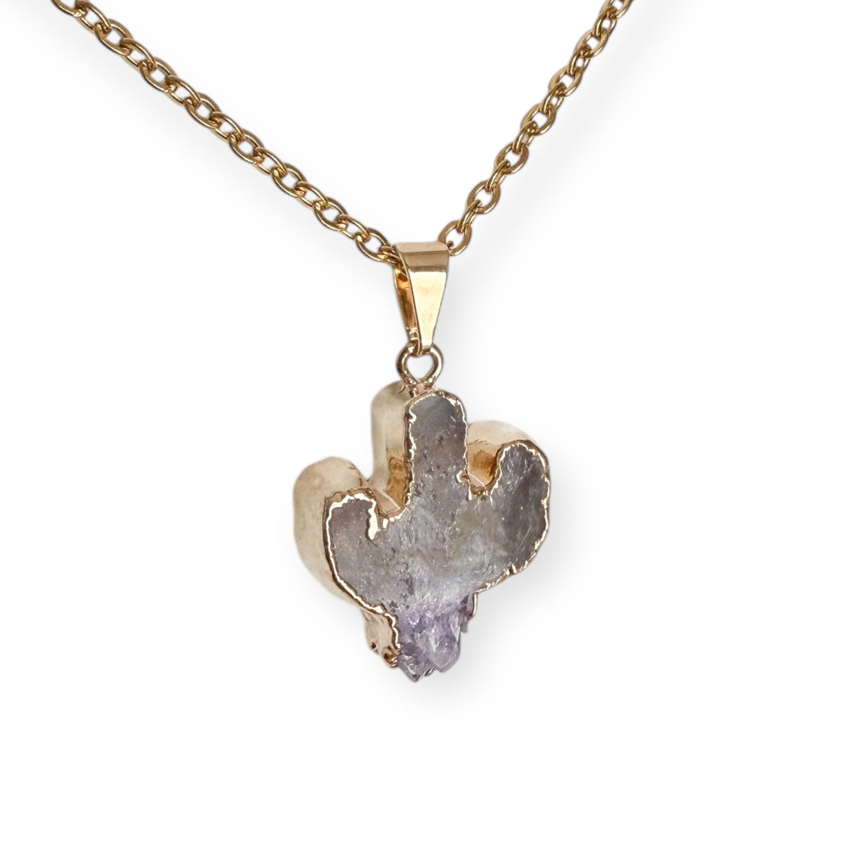 Natural amethyst cactus crystal pendant showing lavender, muted purple, and smoky gray coloring with raw crystal texture.