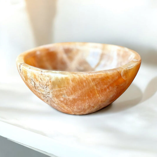 Close-up of Peach Moonstone bowl highlighting shimmer and warm coloring