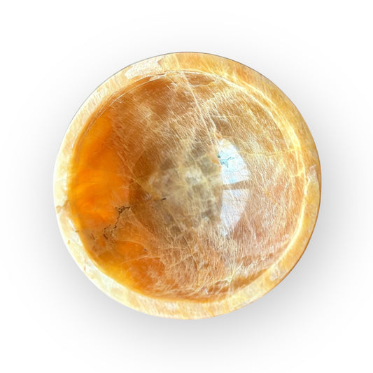 Top-down view of Peach Moonstone bowl for holding crystals or jewelry