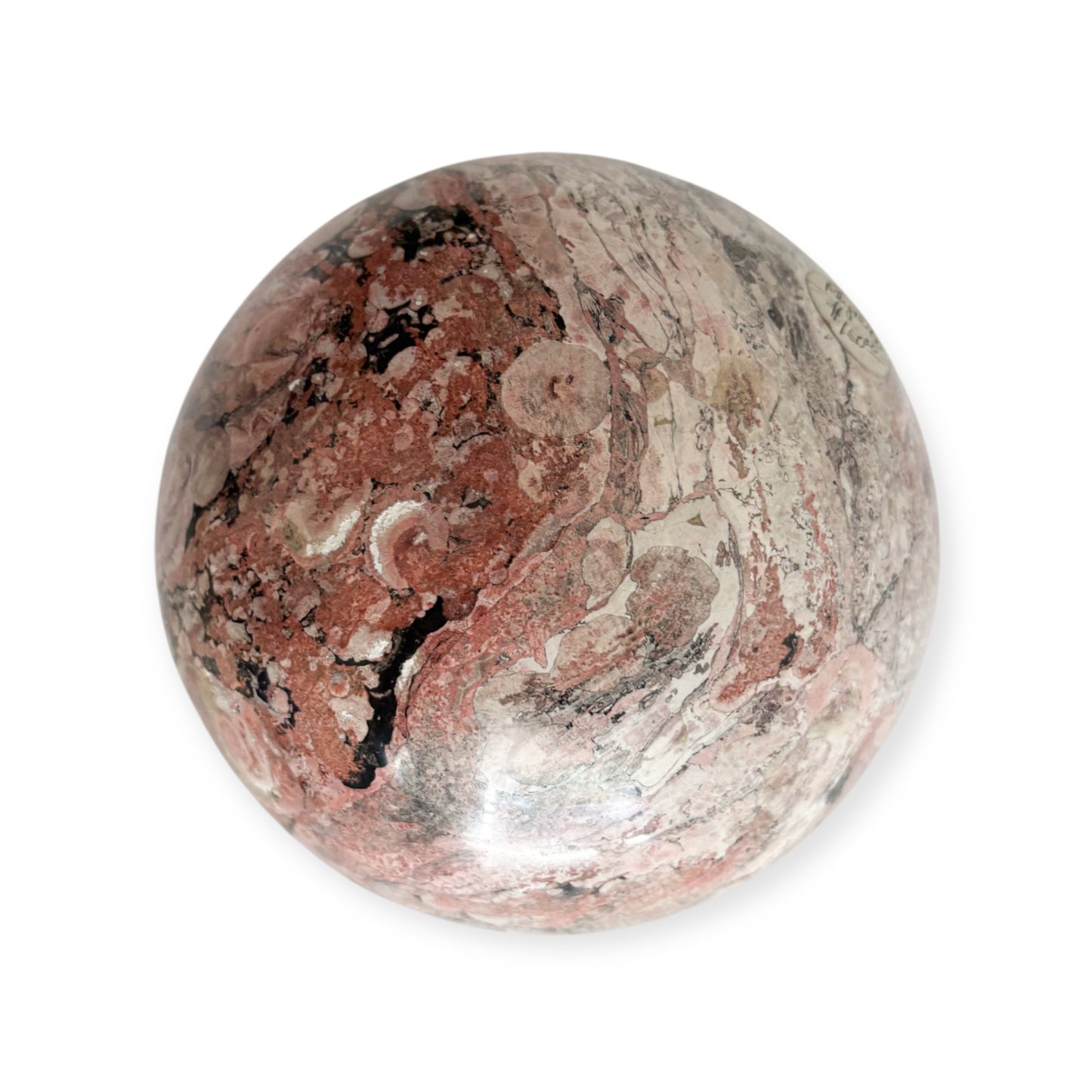 Polished Rhodonite sphere with pink and black natural patterns