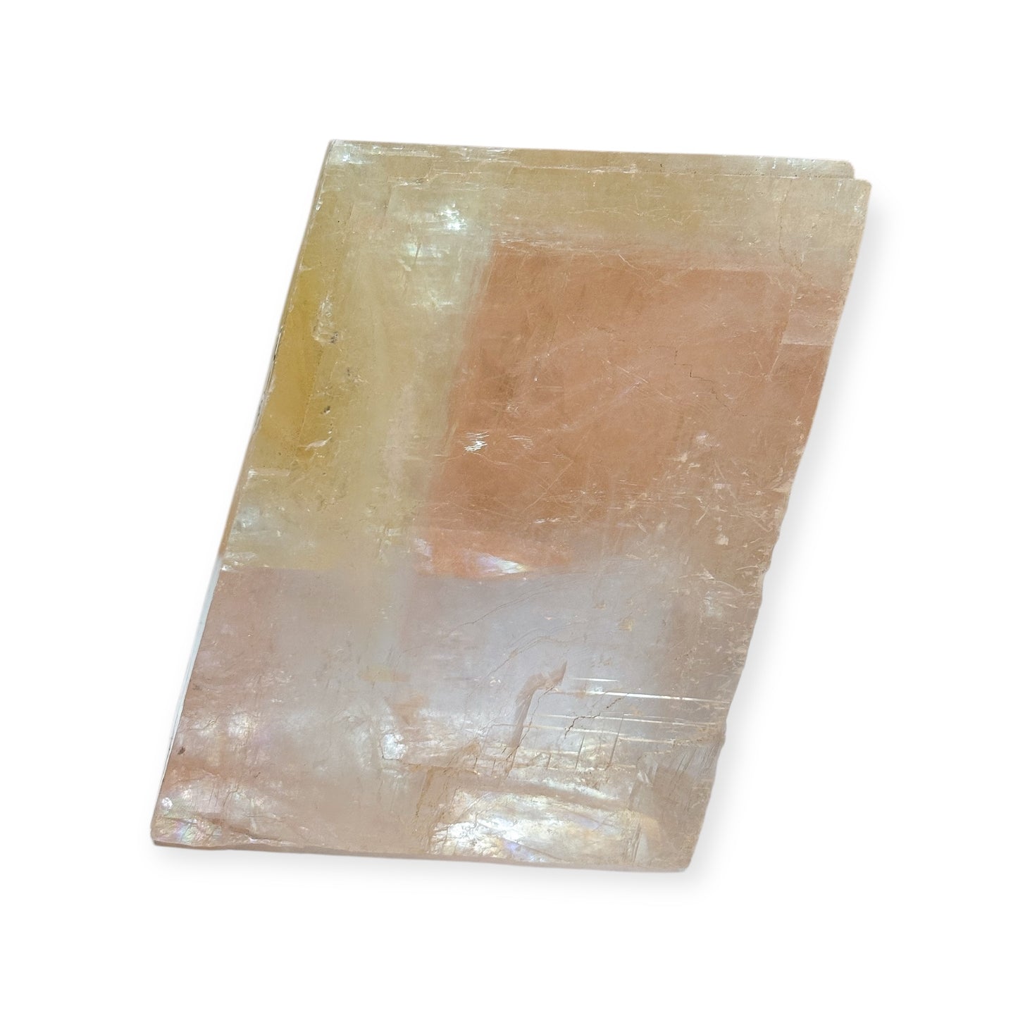 Side angle of Pink Icelandic Spar showing edges and transparency