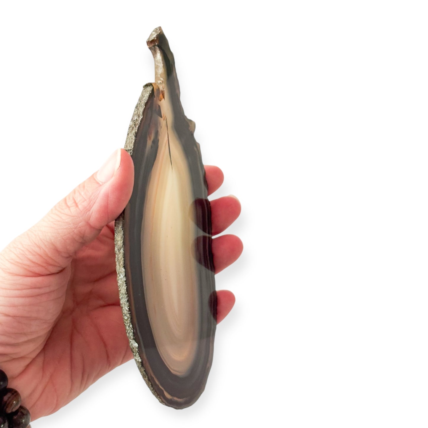 Polished blue agate slice catching natural light