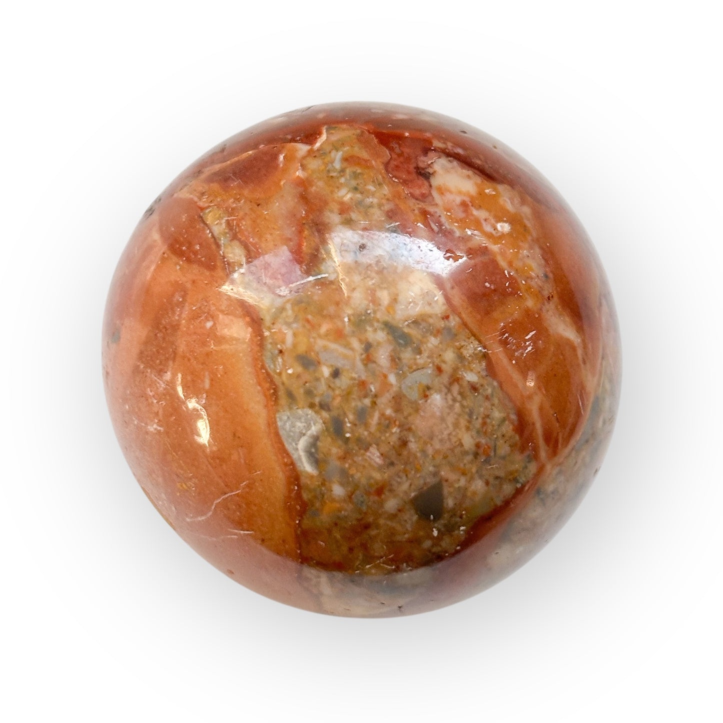 Side view of Polychrome Jasper Sphere showing unique color bands.
