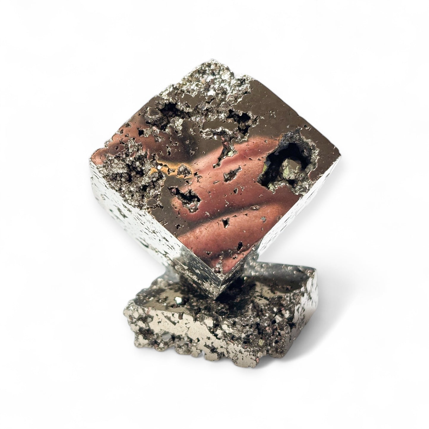 Pyrite cube naturally balanced on raw slab – crystal decor piece