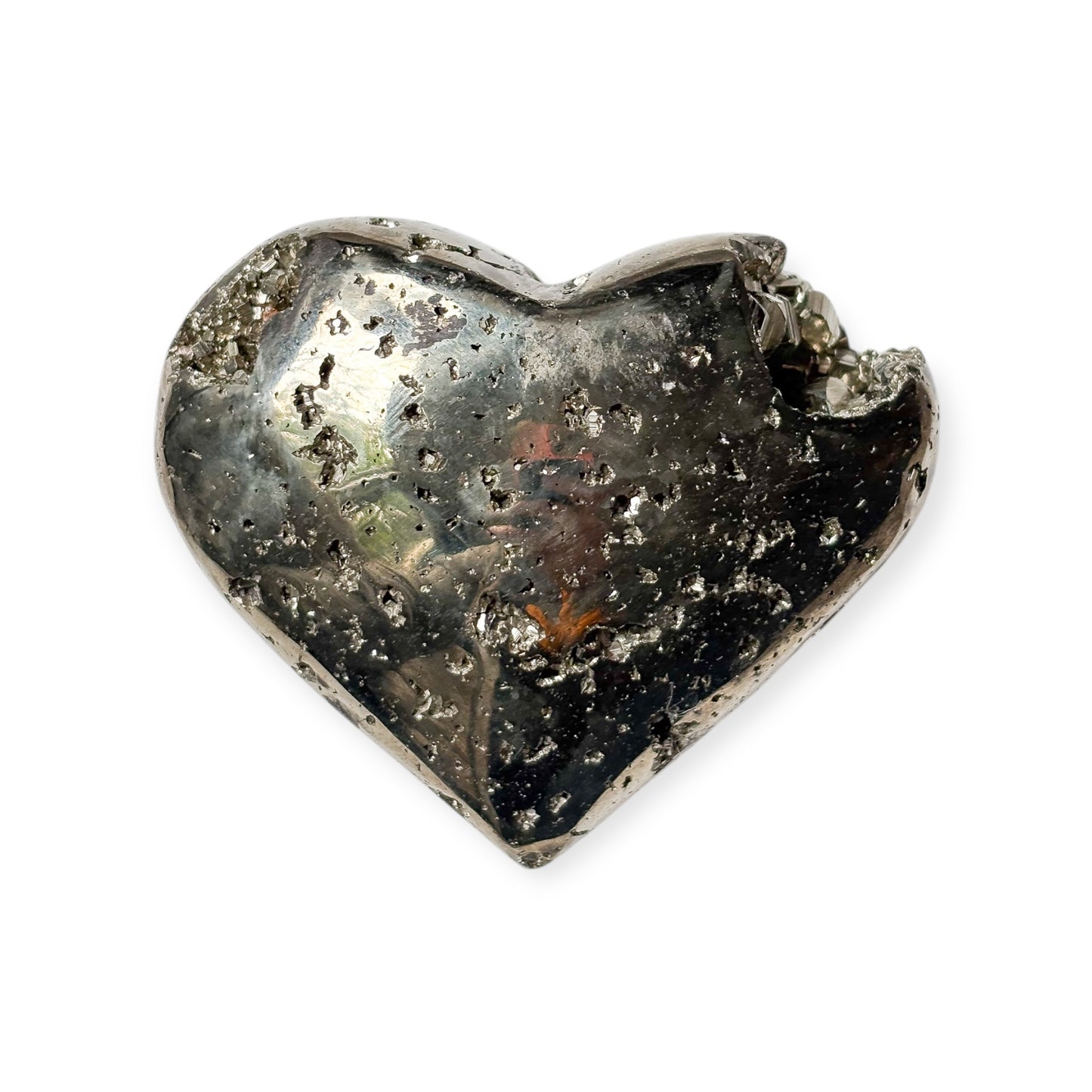 Front view of raw Pyrite heart with natural golden shine and textured surface