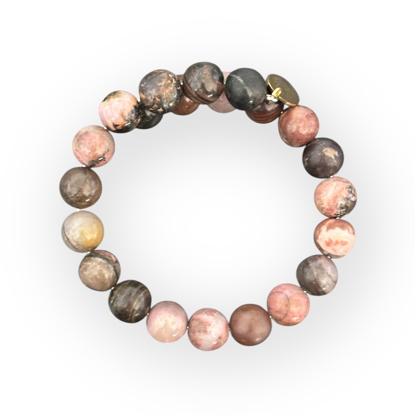 Rhodonite 10mm beaded bracelet with a flexible stainless steel band for emotional strength and balance.