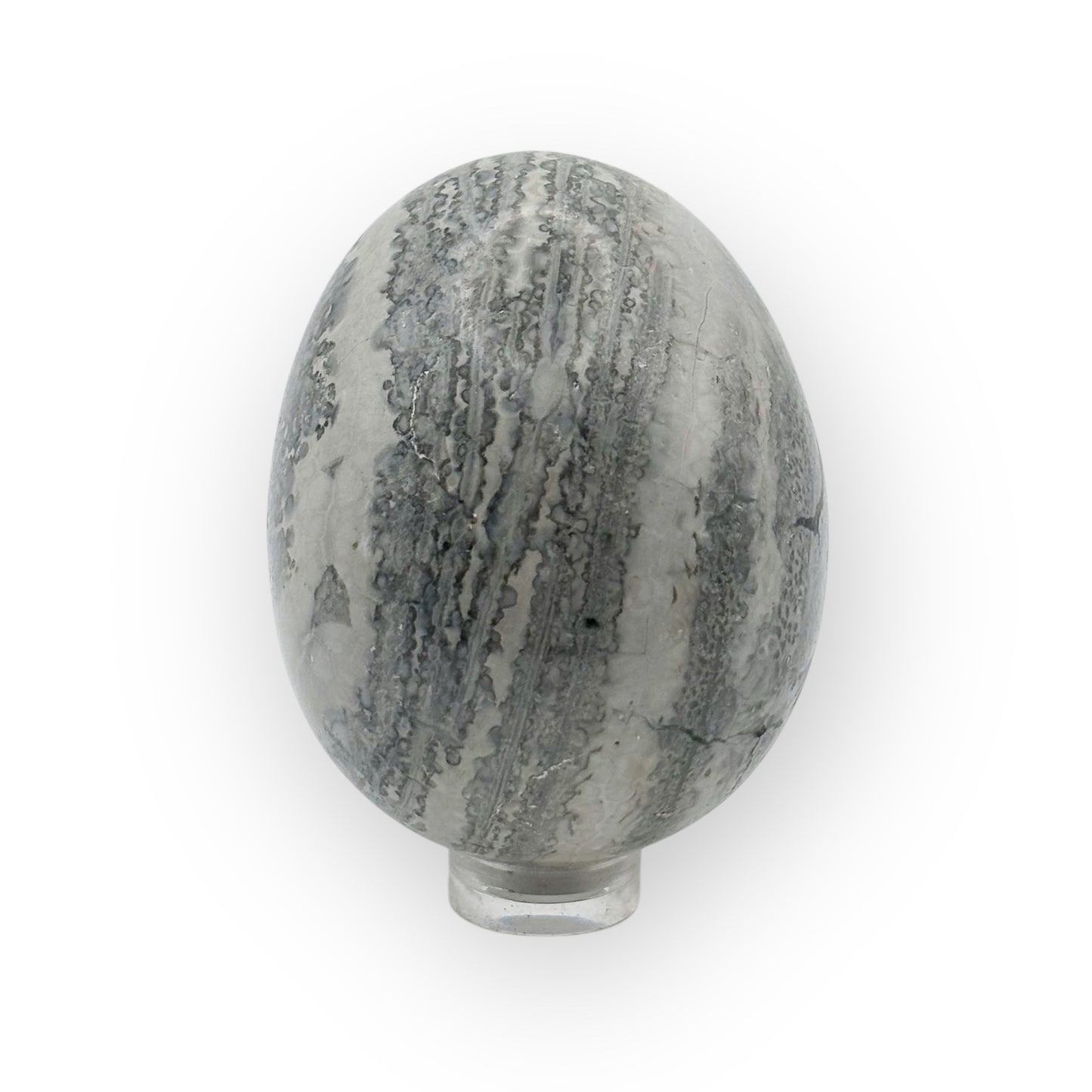 Polished Rhyolite egg on display stand featuring warm greens, browns, and cream swirls