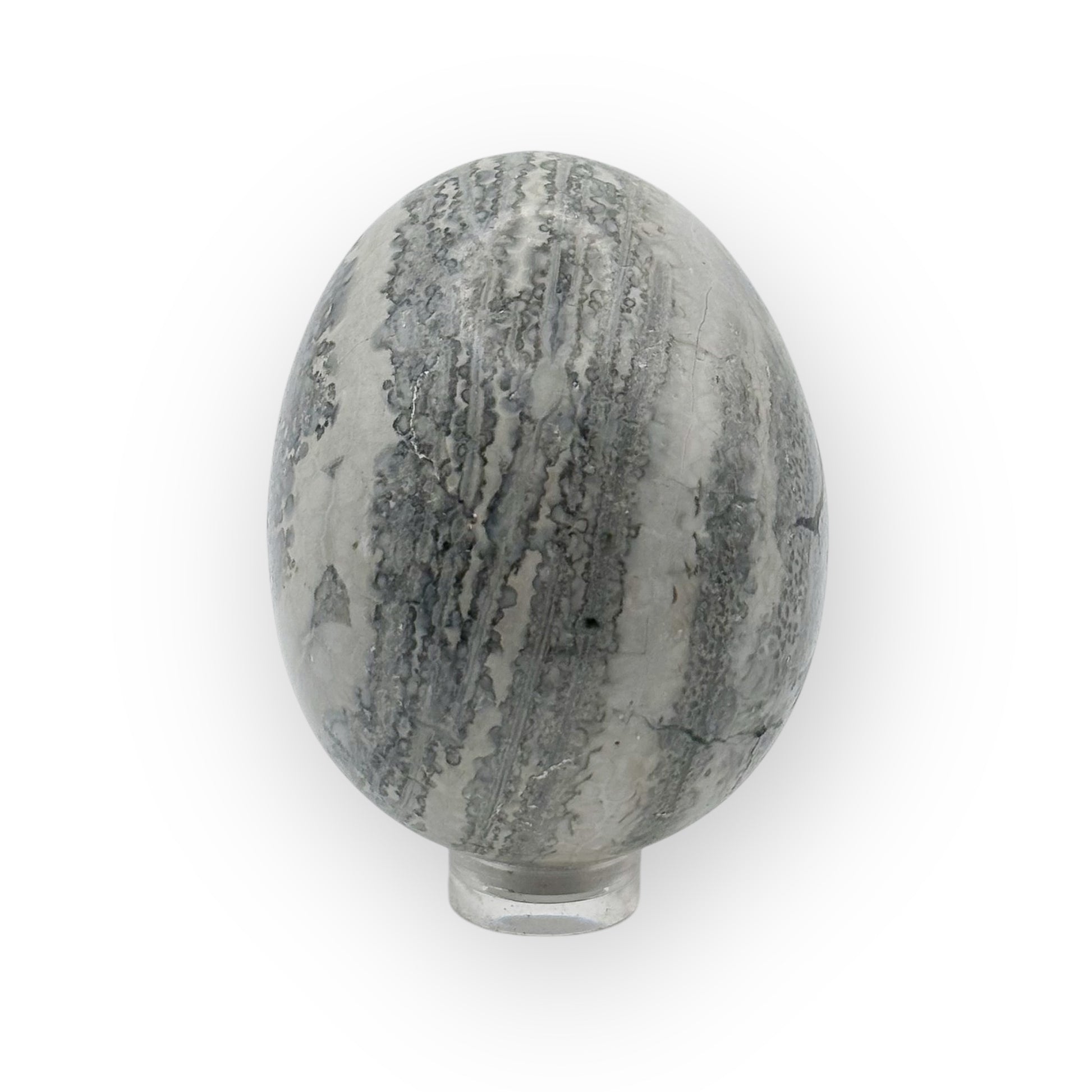 Polished Rhyolite egg on display stand featuring warm greens, browns, and cream swirls
