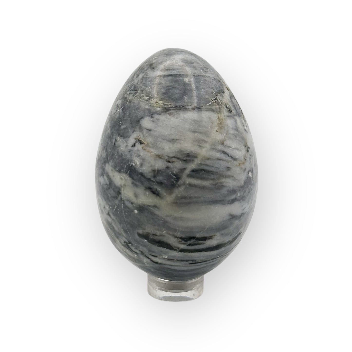 Medium palm-sized Rhyolite egg with calming green and brown tones and polished finish