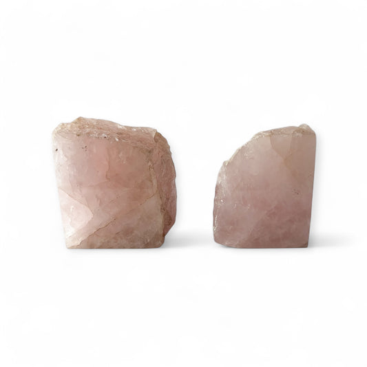 Side angle of Rose Quartz bookend with polished base and natural rough top
