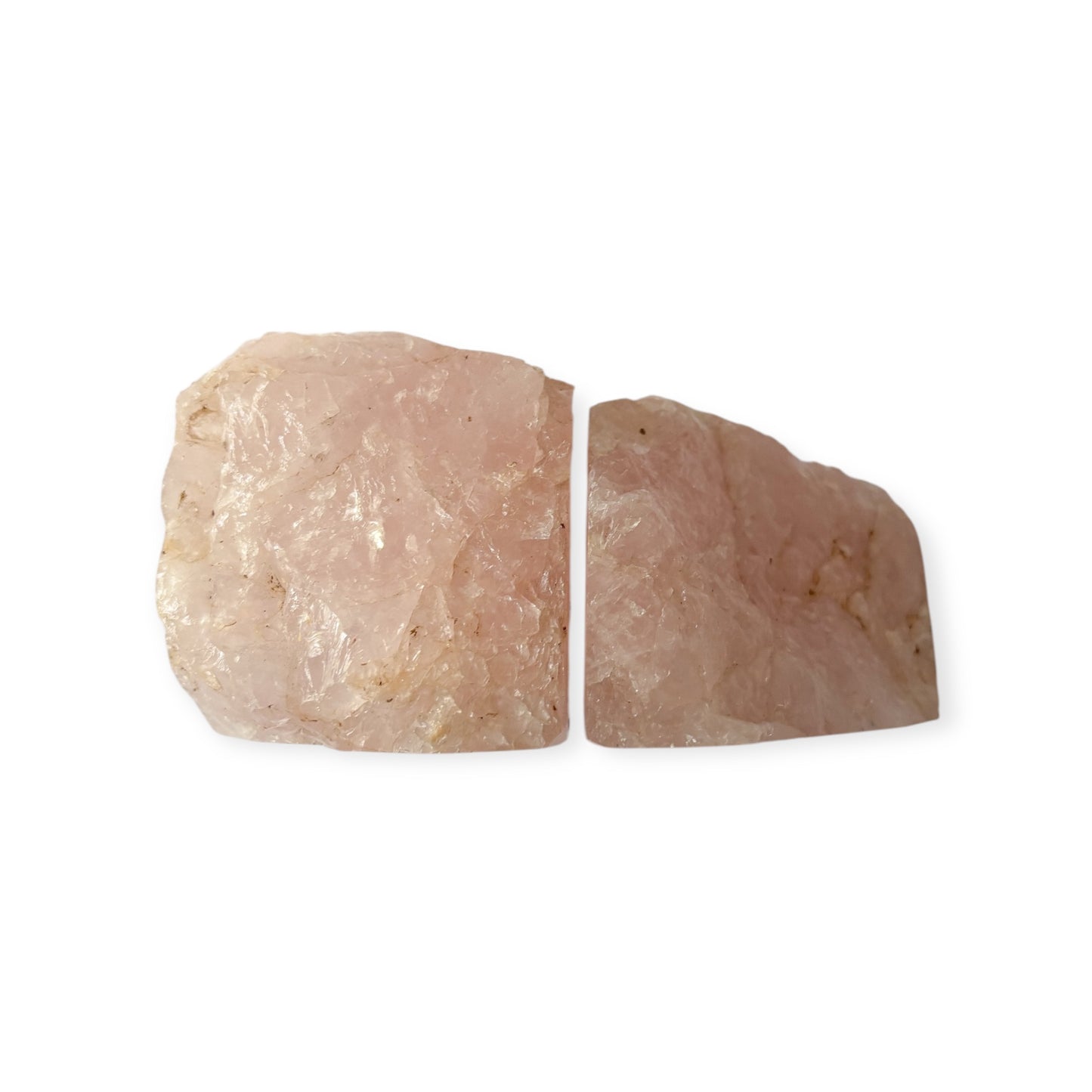 Back of second Rose Quartz bookend showing unpolished texture and soft glow