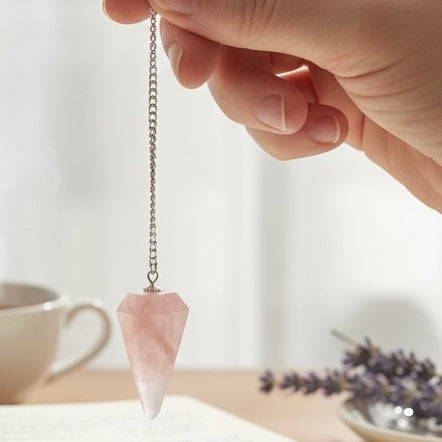 Rose Quartz pendulum used as a divination tool for emotional clarity and heart-centered guidance