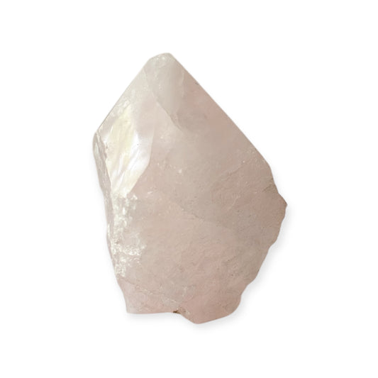 Rose Quartz crystal point with chipped tip and soft pink tones – front view