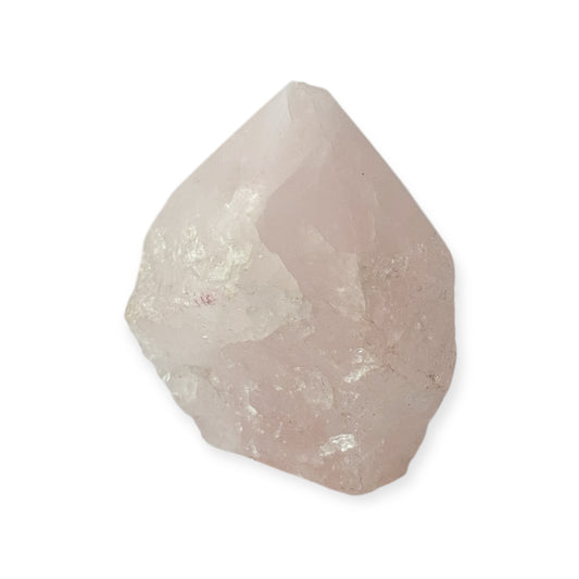 Side view of Rose Quartz top polished point showing natural break and light shimmer