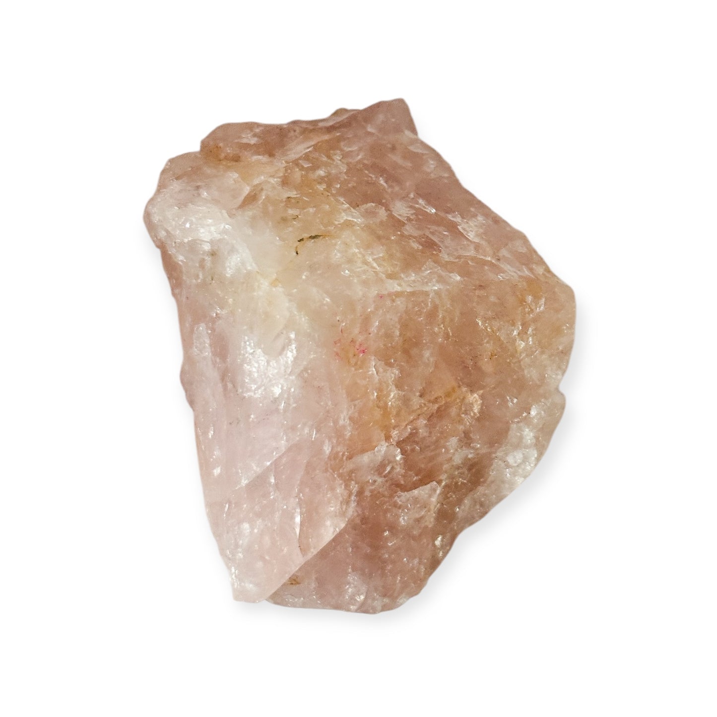 Raw Rose Quartz reflecting light with soft pink and white shimmer