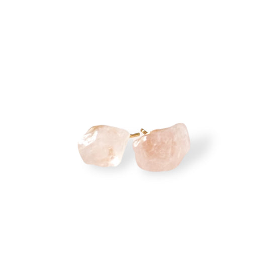 Polished rose quartz stud earrings with stainless steel posts, front view on white background