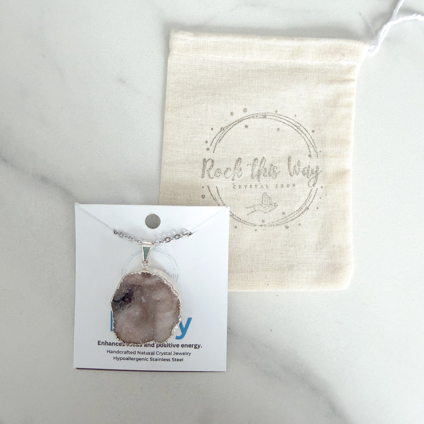 Round drusy silver plated pendant necklace packaged from Rock This Way Crystal Shop