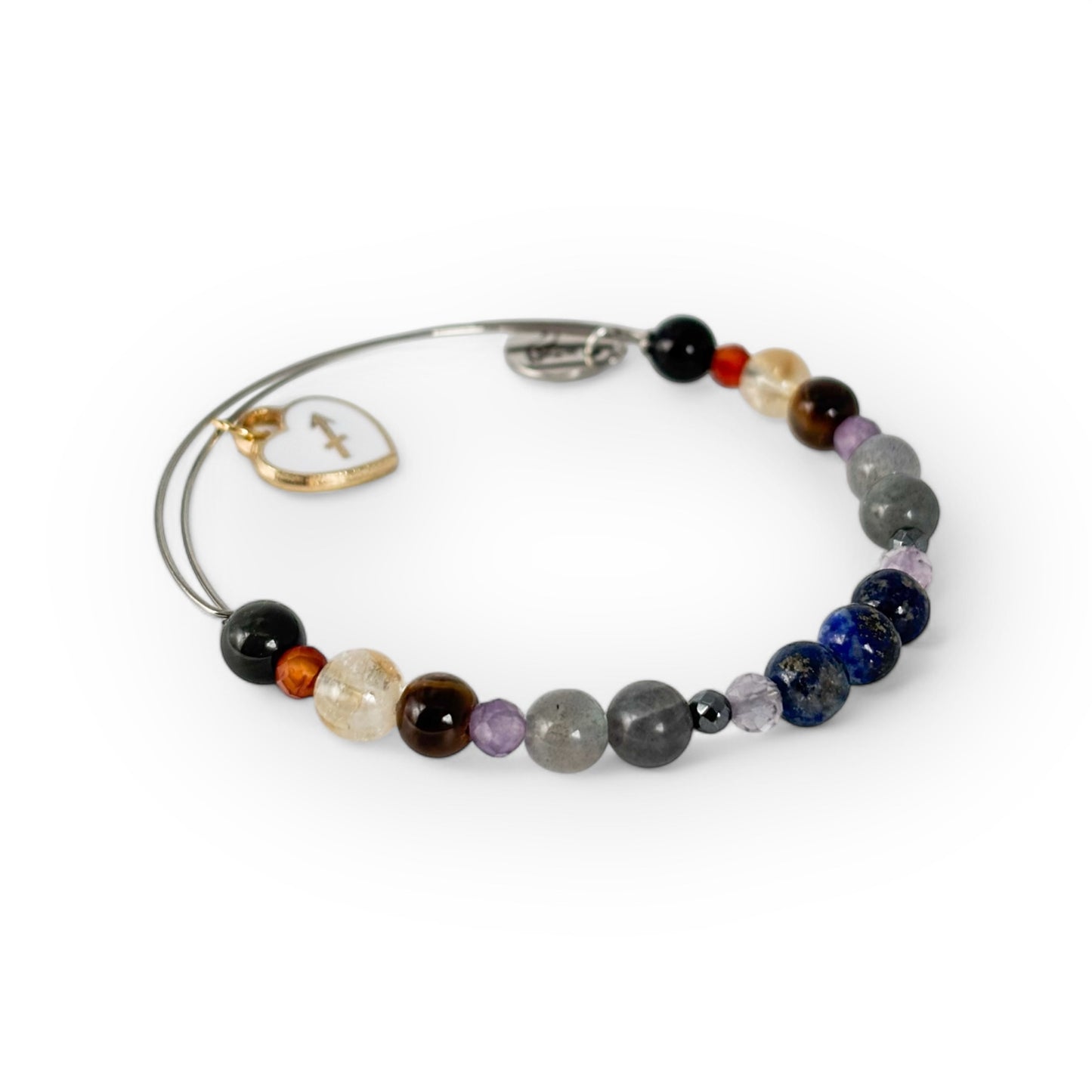 Close-up of Sagittarius Crystal Charm Bracelet with a white charm, showing its vibrant gemstone beads and polished stainless steel band.