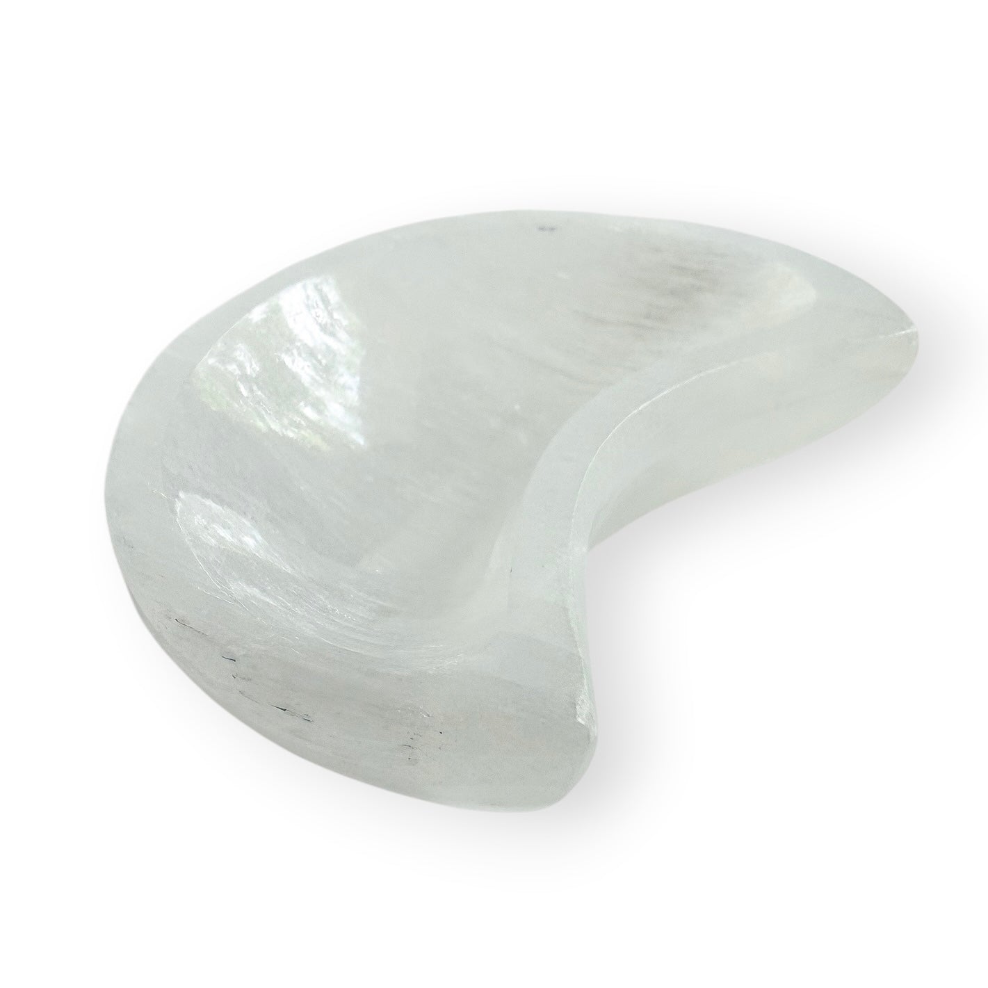 Polished Satin Spar moon-shaped bowl with curved edges and luminous chatoyant banding.