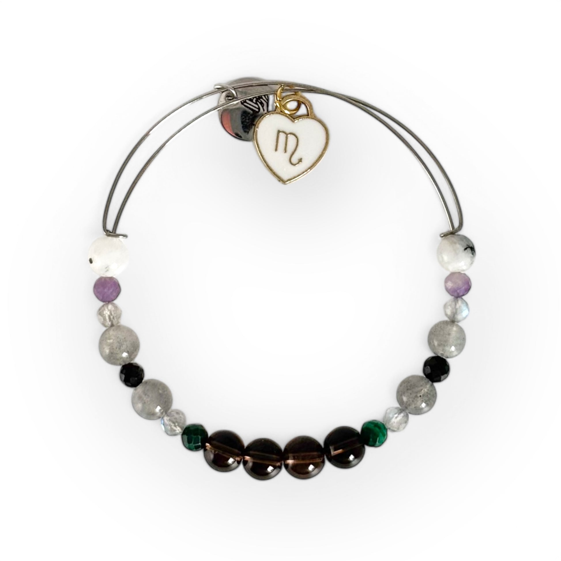 Scorpio Crystal Charm Bracelet with a white charm, handcrafted with Smoky Quartz, Malachite, Hematite, Labradorite, Black Tourmaline, Amethyst, and Moonstone for protection and transformation.