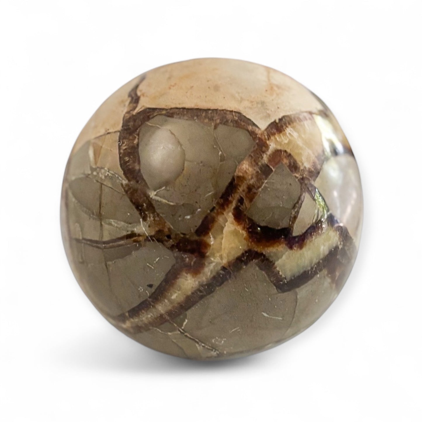 Front view of a polished Septarian crystal sphere with natural brown and yellow patterns