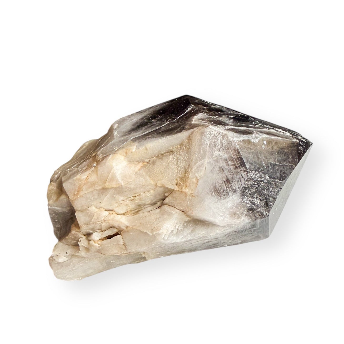 Side view of smoky quartz point showing natural color gradient