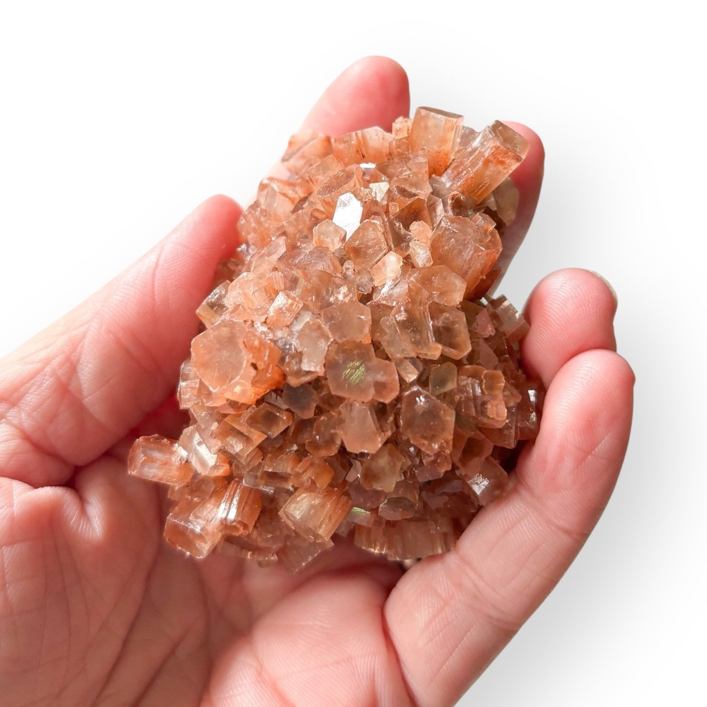 Star Aragonite crystal cluster held in hand to show size and natural details.