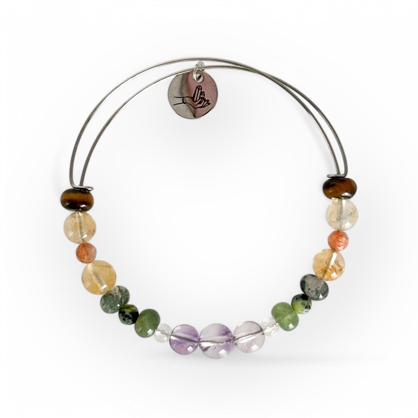 Success Crystal Bangle with Ametrine, Citrine, and Tiger’s Eye crystals on a flexible stainless steel band