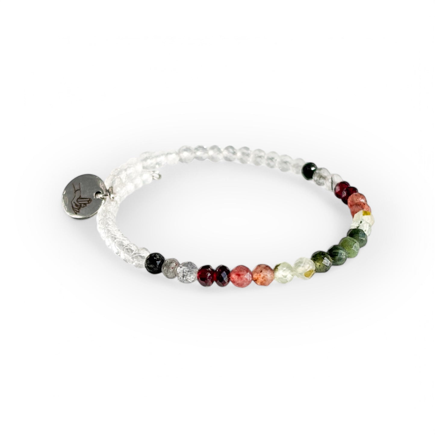 Close-up of Tenacious Wrap Bracelet with Nephrite Jade, Garnet, and Strawberry Quartz beads.