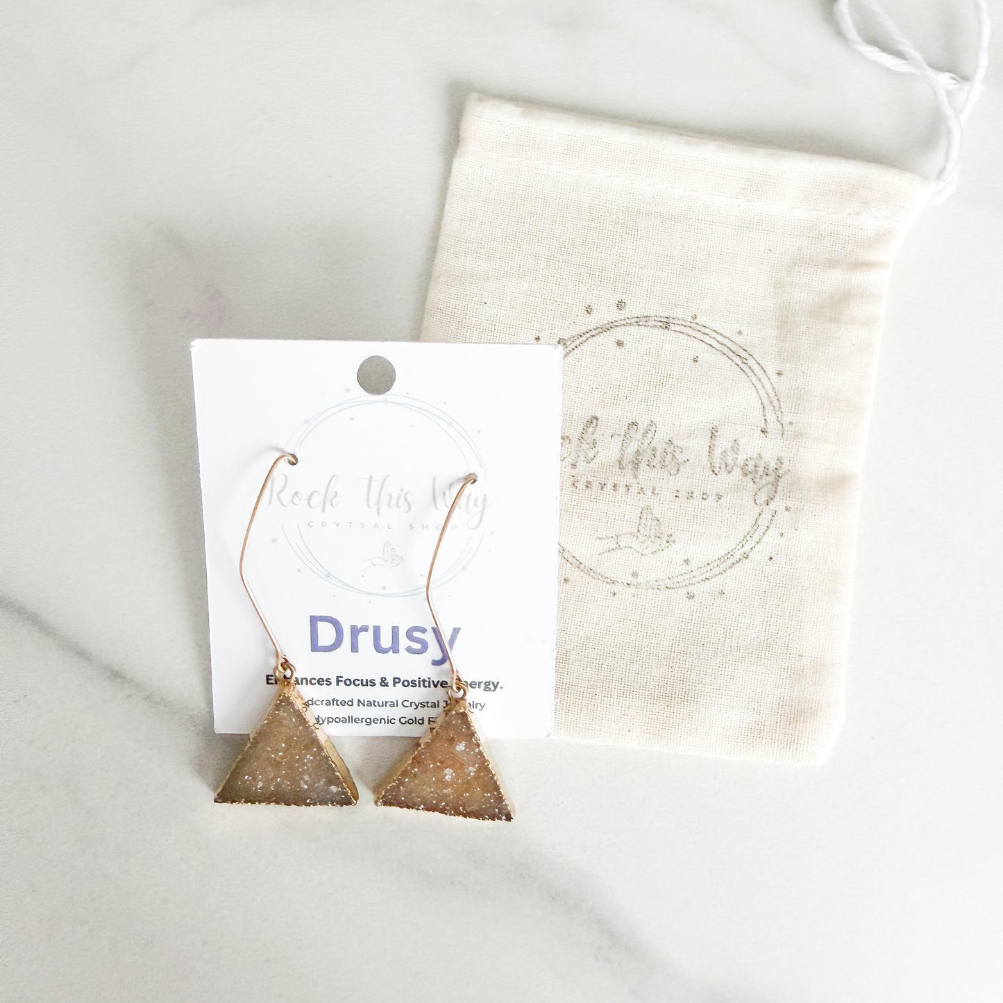 Triangle drusy earrings packaged on Rock This Way Crystal Shop jewelry card, ready for gifting