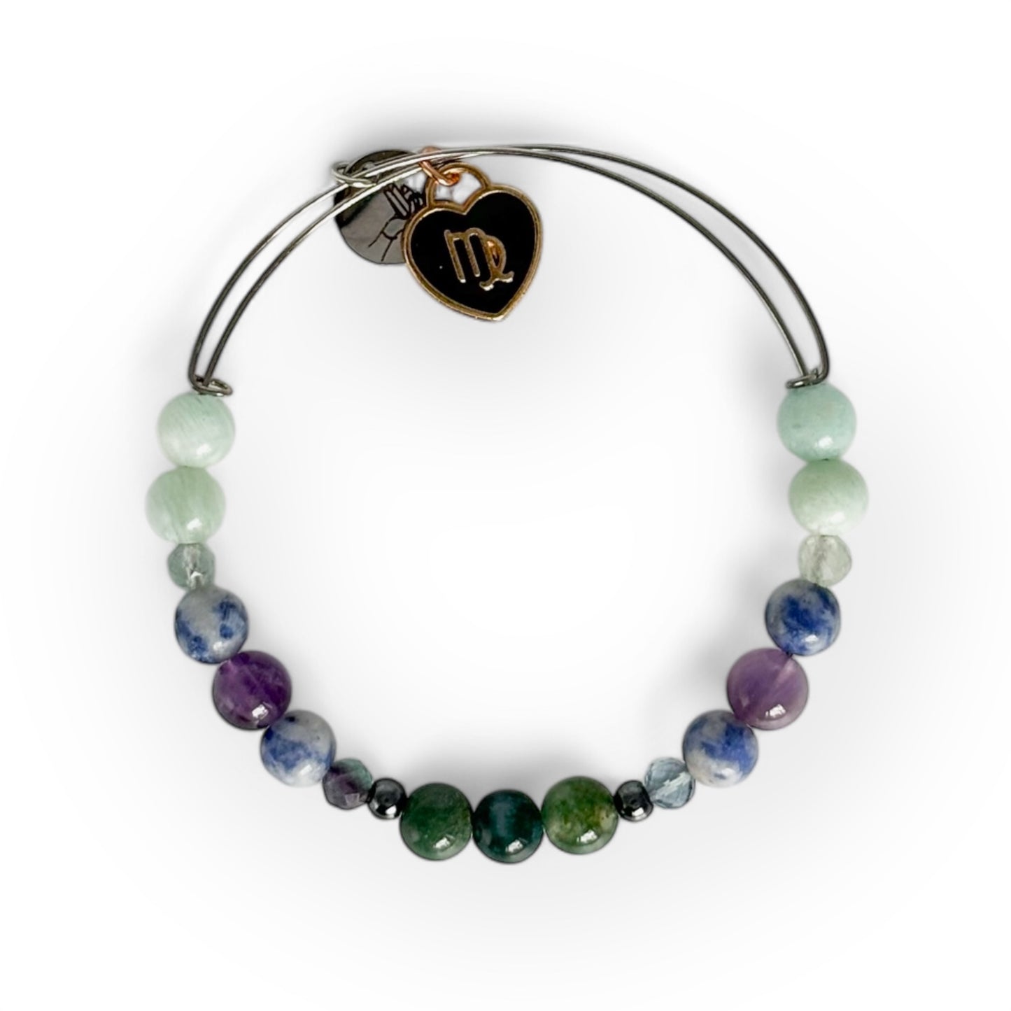 Virgo Crystal Charm Bracelet with a black charm, featuring Moss Agate, Hematite, Fluorite, Sodalite, Amethyst, and Amazonite for mental clarity and balance.