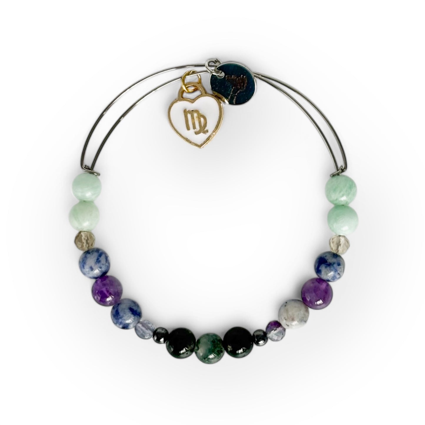 Virgo Crystal Charm Bracelet with a white charm, handcrafted with Moss Agate, Hematite, Fluorite, Sodalite, Amethyst, and Amazonite for focus and balance.