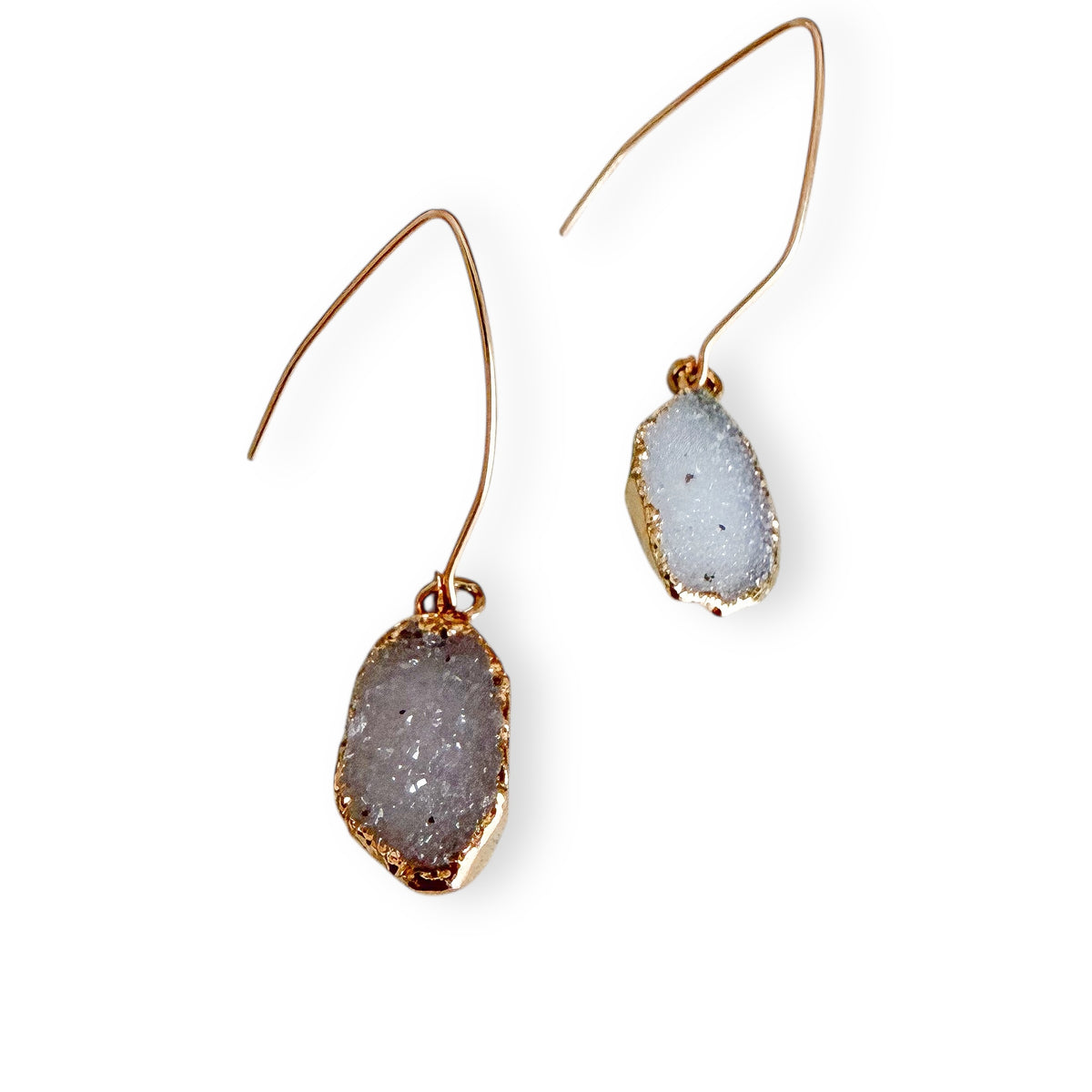 White freeform drusy earrings with gold filled ear wires featuring natural white to light gray sparkling drusy crystals