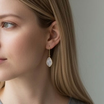 White freeform drusy earrings worn on ear showing 2 inch drop with gold filled ear wires