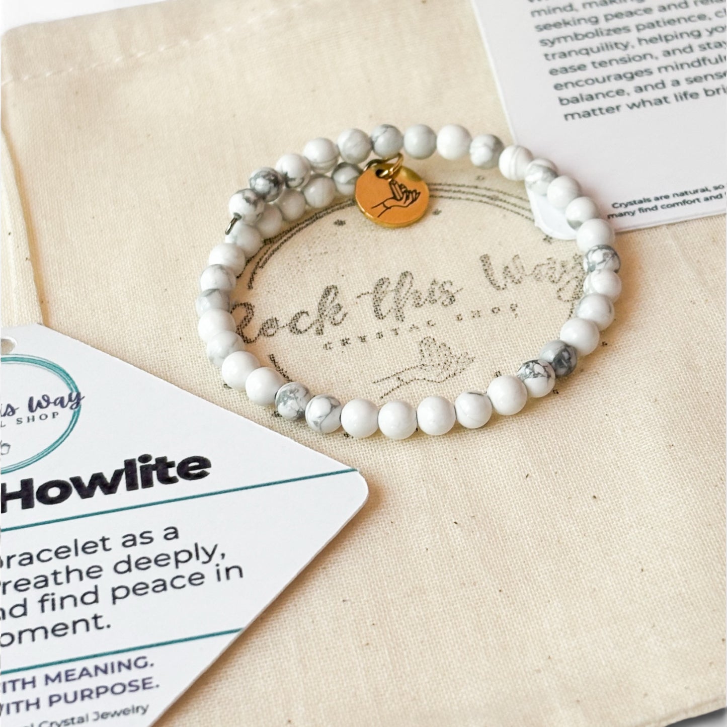 olo display of White Howlite bracelet with packaging perfect for gifting.