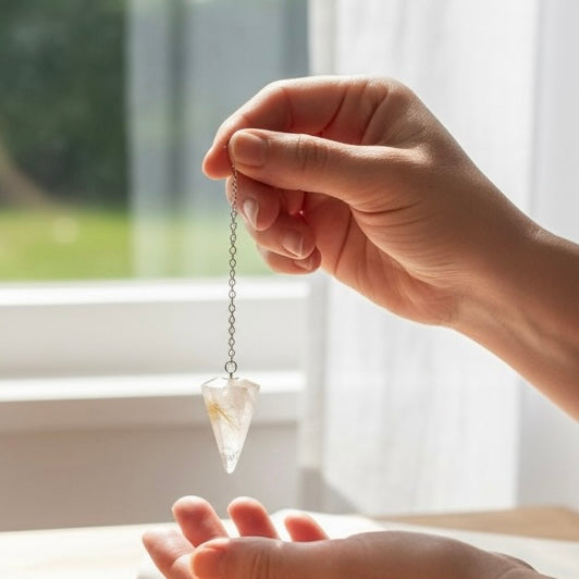 Hand holding a crystal pendulum in front of a window with natural light