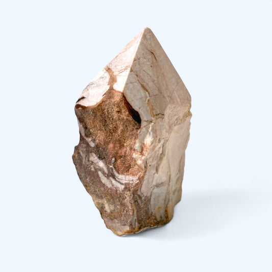 Angled side view of Zebra Jasper crystal showing polished and raw textures