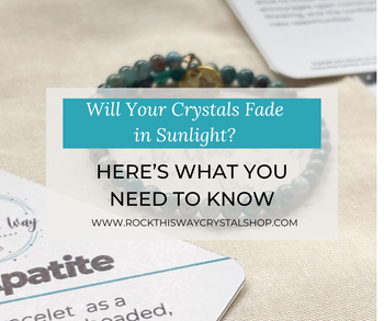 Will Your Crystals Fade in Sunlight? Here’s What You Need to Know. Picture of Blue Apatite Wrap Bracelet on Muslin Bag with Bracelet Meaning Card.