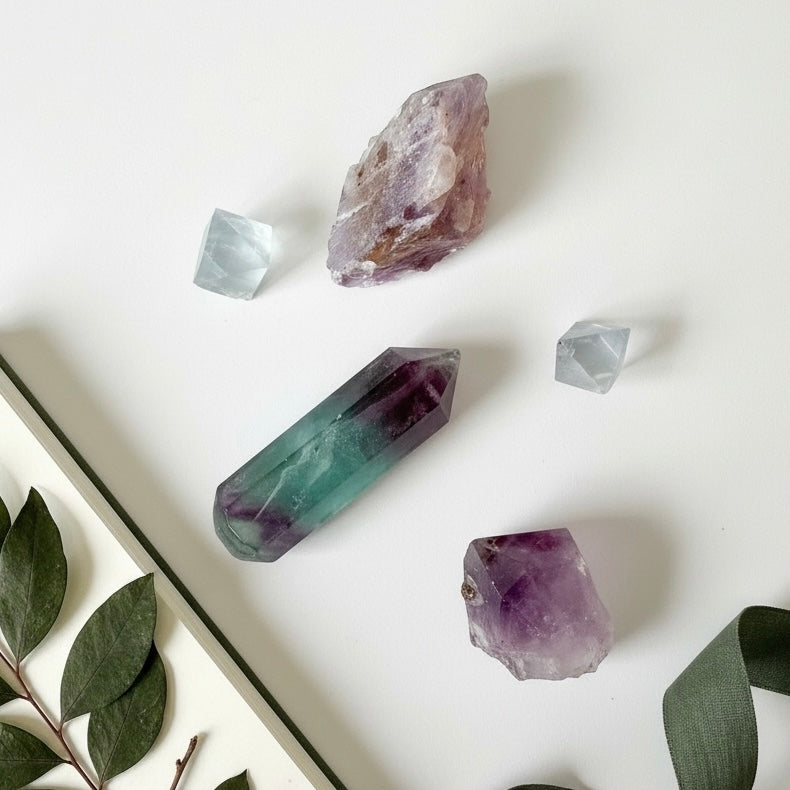 Amethyst and fluorite crystals for intuition and clarity, The Seeker collection at Rock This Way Crystal Shop