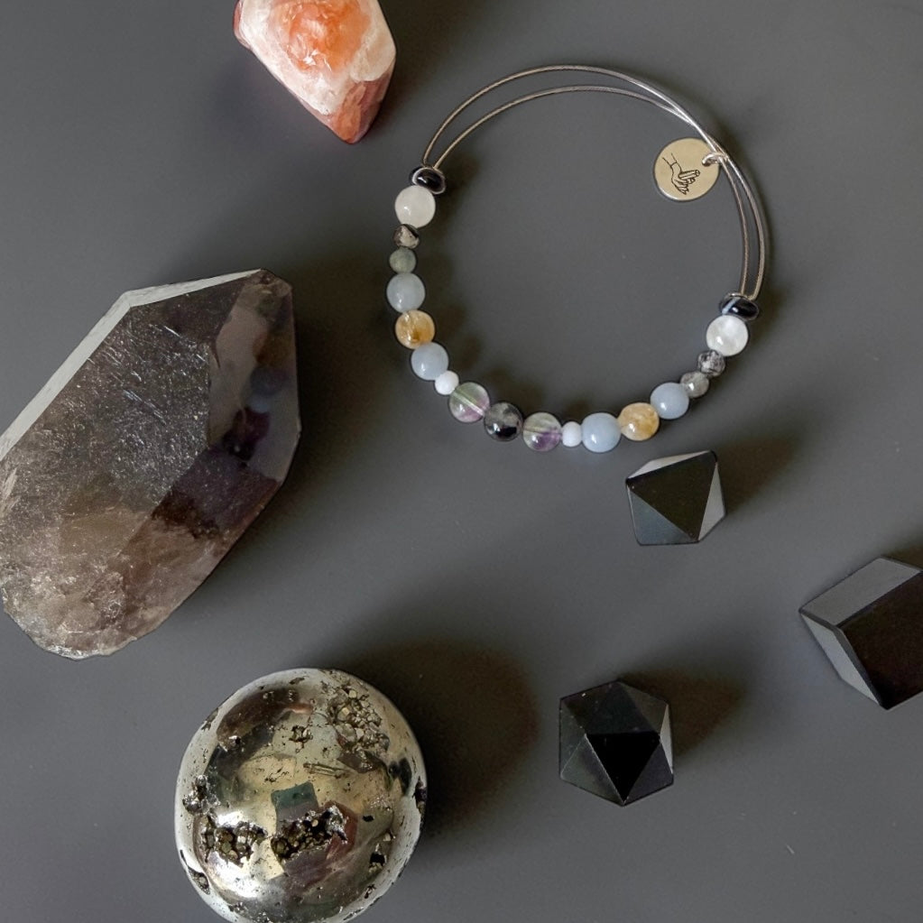 Black tourmaline and pyrite crystals for confidence and focus, the Builder collection at Rock This Way Crystal Shop￼