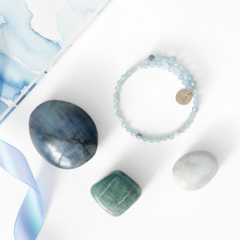 Aquamarine, labradorite and moonstone crystals for flow and intuition, The Flow State collection at Rock This Way Crystal Shop￼