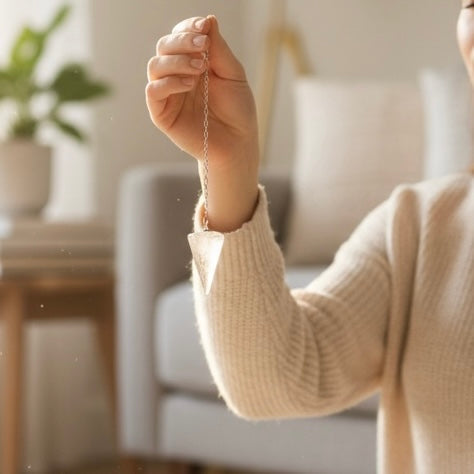 Woman using a crystal pendulum for intuition, clarity, and gentle guidance during quiet reflection