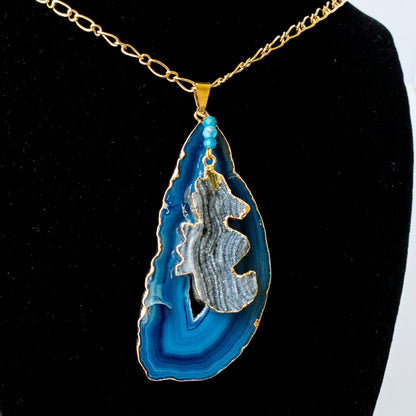 Blue Agate Slice Necklace with a Drusy Seahorse Necklace with Gold Plated 24" Chain