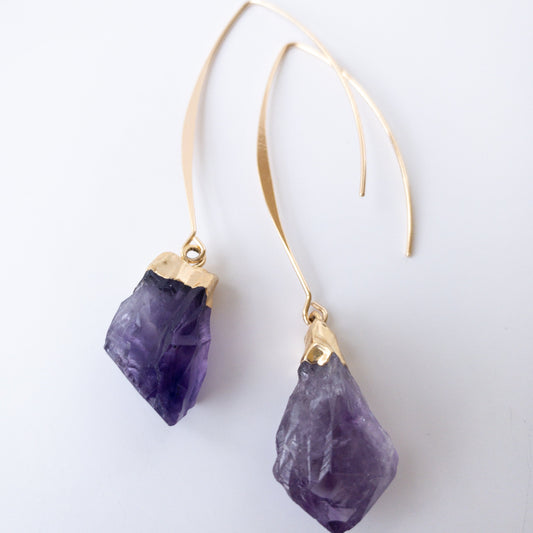 Amethyst - Natural Crystal Drop Earrings -18kt Gold-Plated