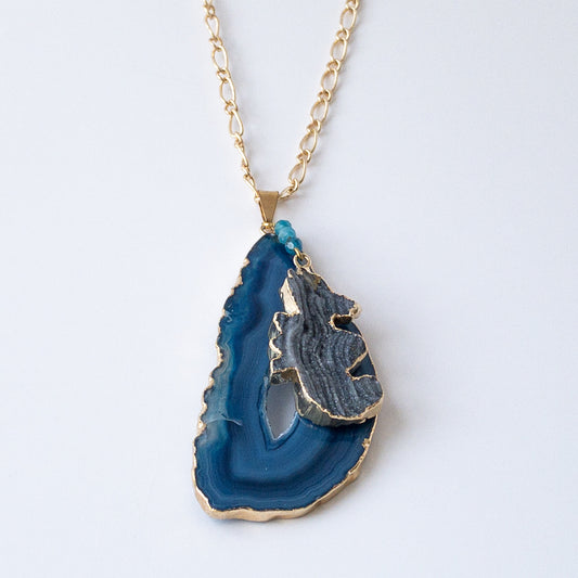Blue Agate Slice Necklace with a Drusy Seahorse Necklace with Gold Plated 24" Chain