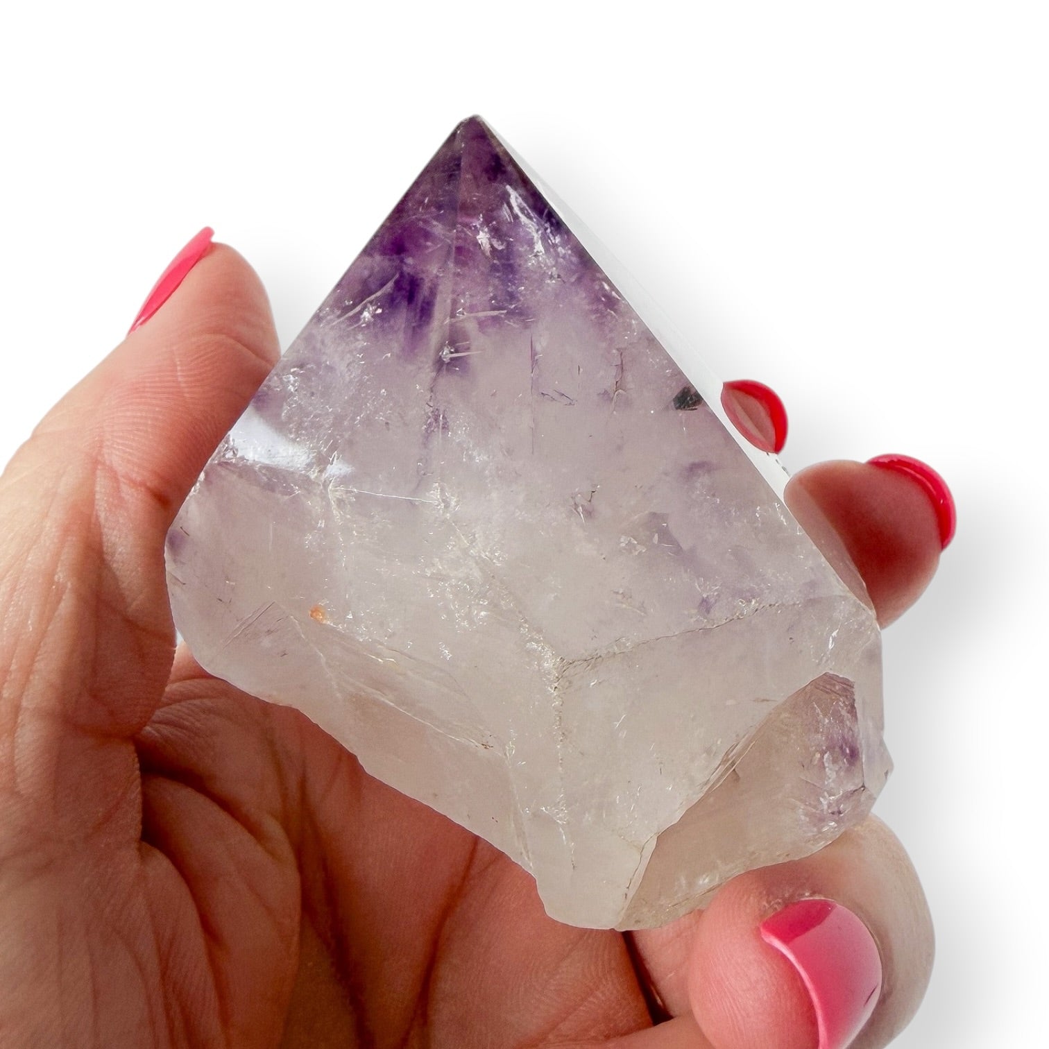 Amethyst Top Polished Point Water Color Splash in Hand for Details and Size Reference