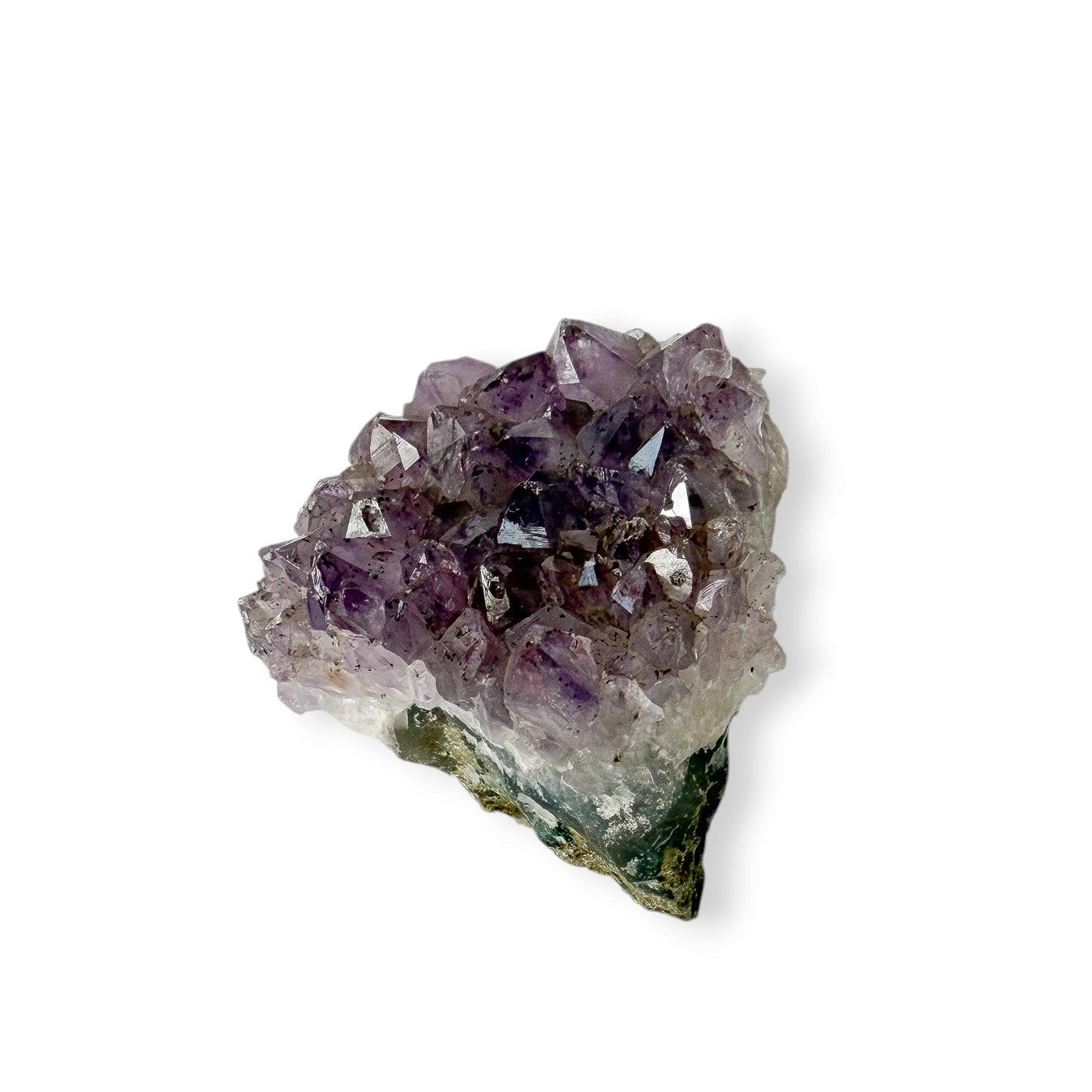 Amethyst crystal cluster on a white background