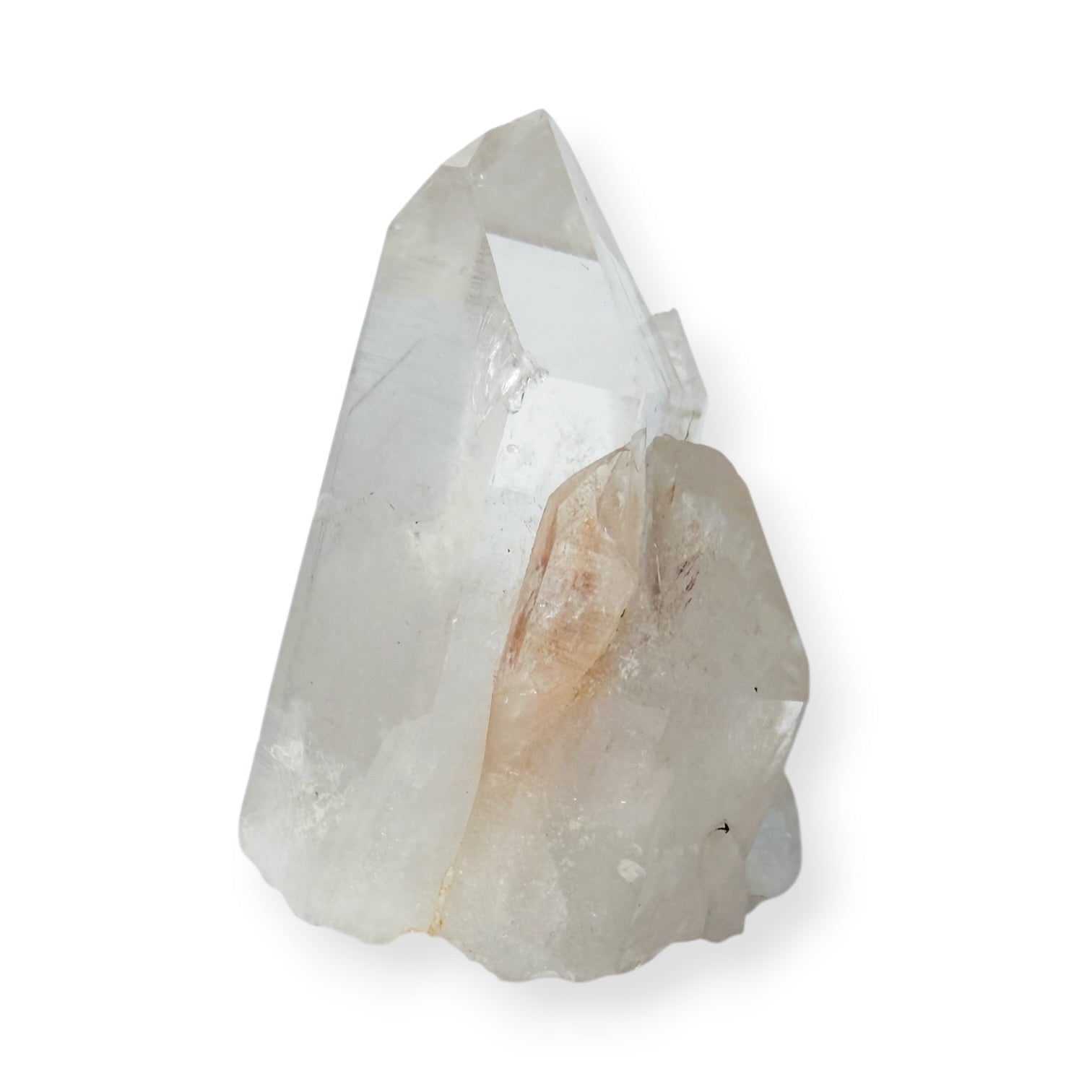 Clear quartz crystal rock on a white background