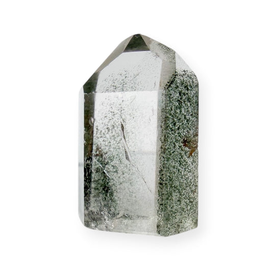 Clear crystal point with green chlorite on a white background